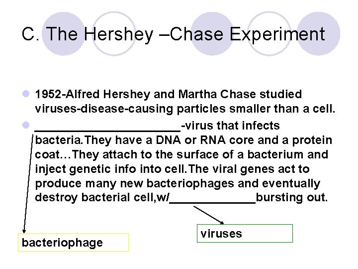 C. The Hershey –Chase Experiment l 1952 -Alfred Hershey and Martha Chase studied viruses-disease-causing