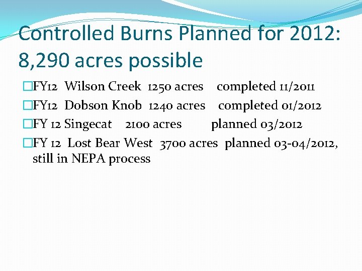 Controlled Burns Planned for 2012: 8, 290 acres possible �FY 12 Wilson Creek 1250