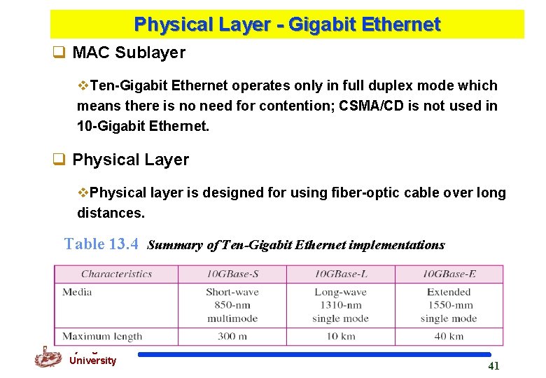 Physical Layer - Gigabit Ethernet q MAC Sublayer v. Ten-Gigabit Ethernet operates only in