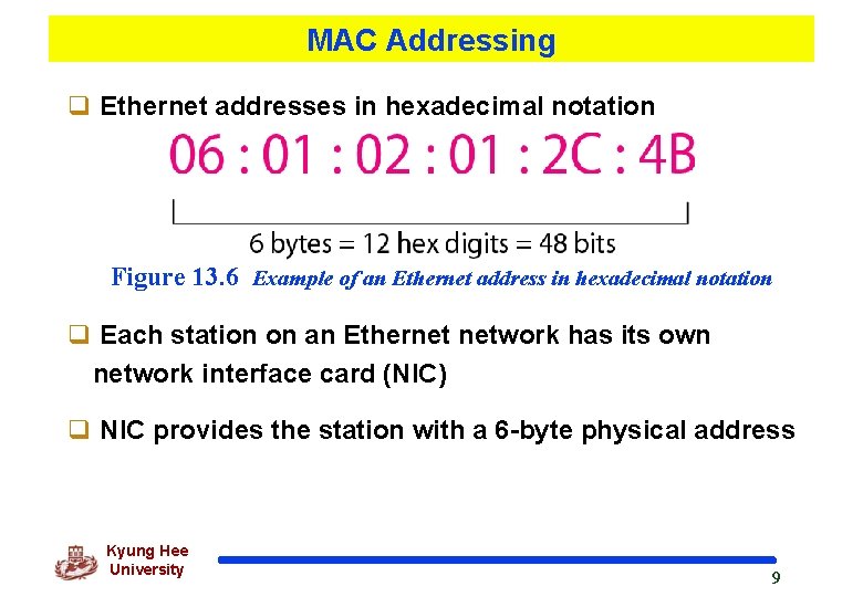 MAC Addressing q Ethernet addresses in hexadecimal notation Figure 13. 6 Example of an