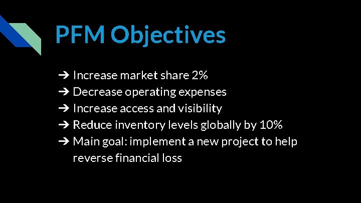 PFM Objectives ➔ Increase market share 2% ➔ Decrease operating expenses ➔ Increase access