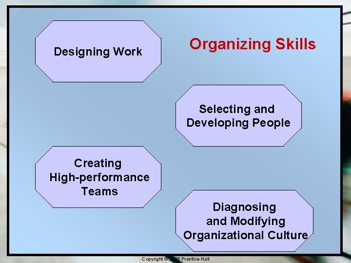 Designing Work Organizing Skills Selecting and Developing People Creating High-performance Teams Diagnosing and Modifying