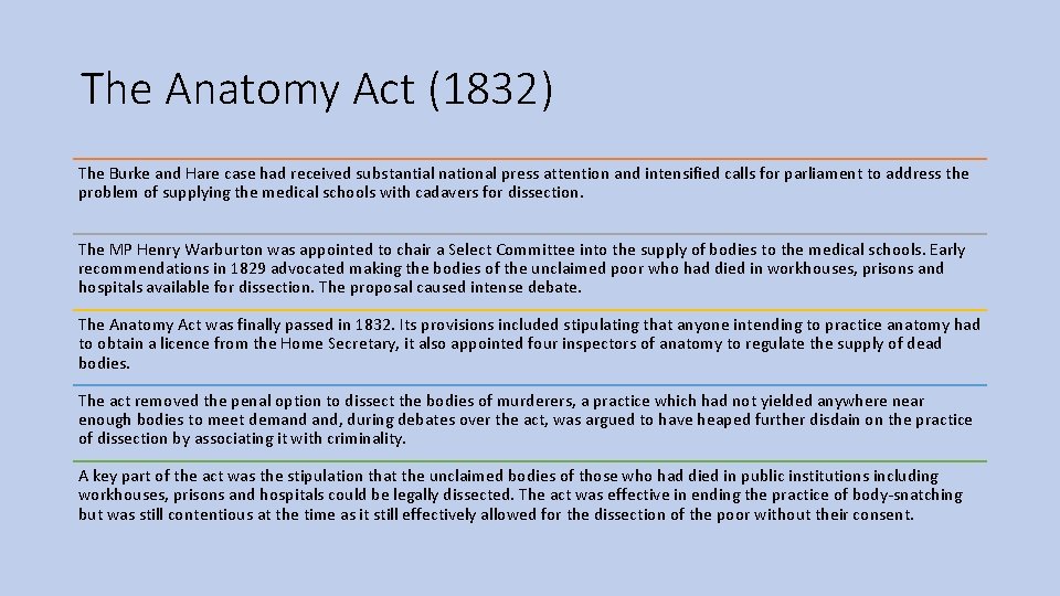 The Anatomy Act (1832) The Burke and Hare case had received substantial national press