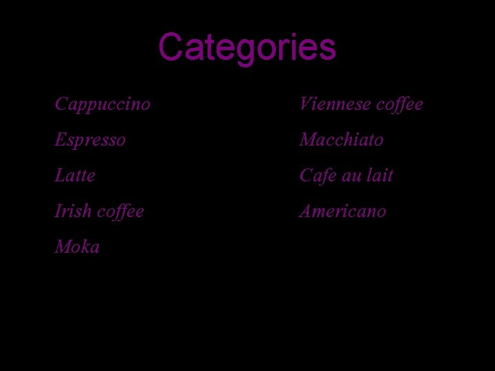 Categories Cappuccino Espresso Latte Irish coffee Moka Viennese coffee Macchiato Cafe au lait Americano