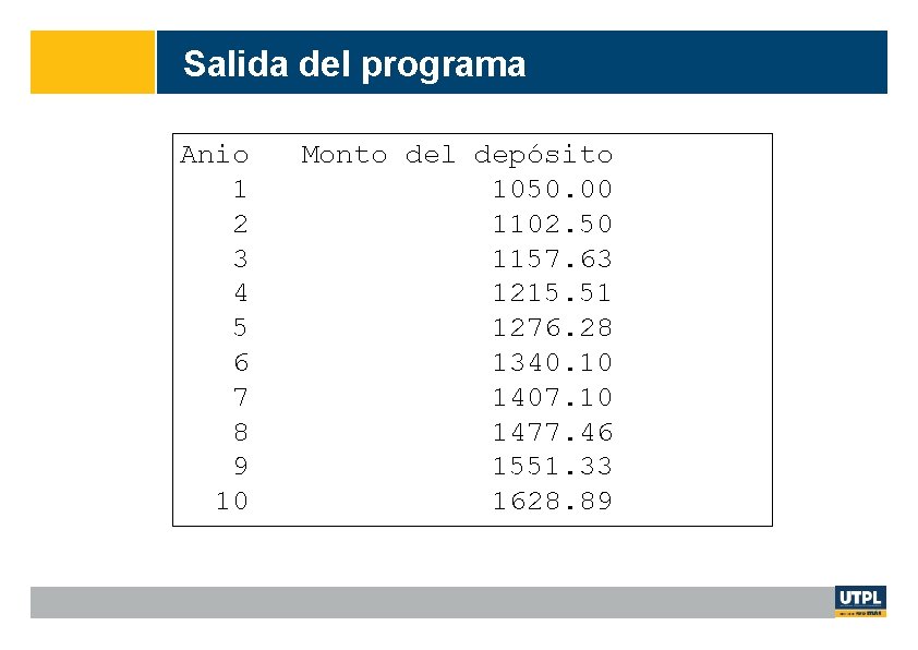 Salida del programa Anio 1 2 3 4 5 6 7 8 9 10