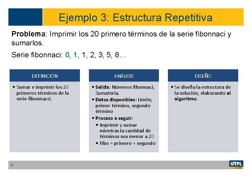 Ejemplo 3: Estructura Repetitiva Problema: Imprimir los 20 primero términos de la serie fibonnaci
