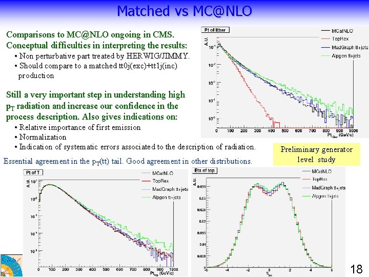 Matched vs MC@NLO Comparisons to MC@NLO ongoing in CMS. Conceptual difficulties in interpreting the