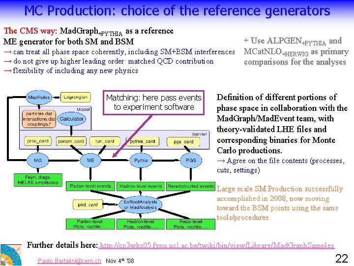 MC Production: choice of the reference generators The CMS way: Mad. Graph+PYTHIA as a