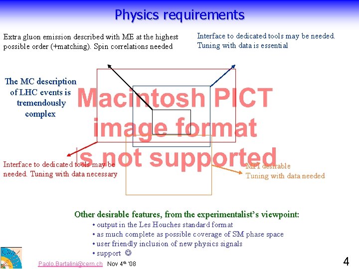 Physics requirements Extra gluon emission described with ME at the highest possible order (+matching).