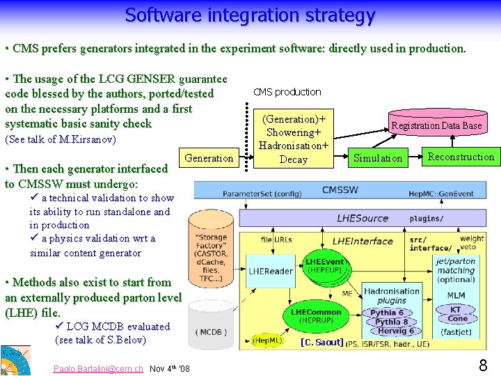 Software integration strategy • CMS prefers generators integrated in the experiment software: directly used