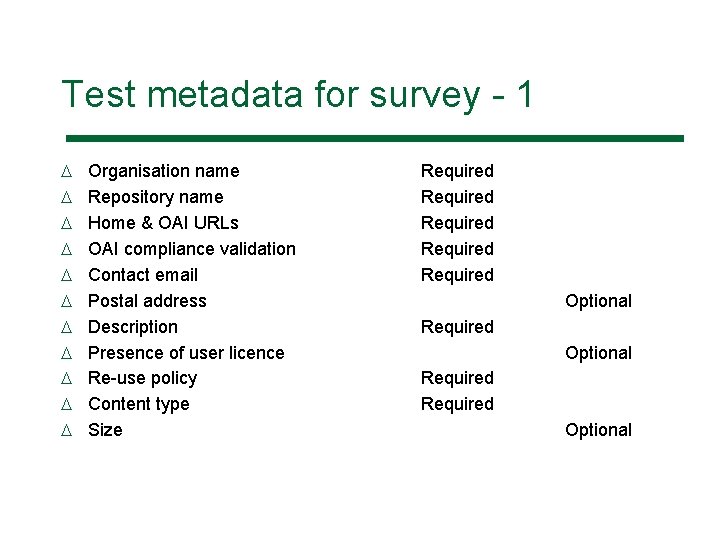 Test metadata for survey - 1 D D D Organisation name Repository name Home