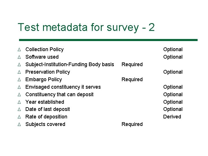 Test metadata for survey - 2 D D D Collection Policy Software used Subject-Institution-Funding