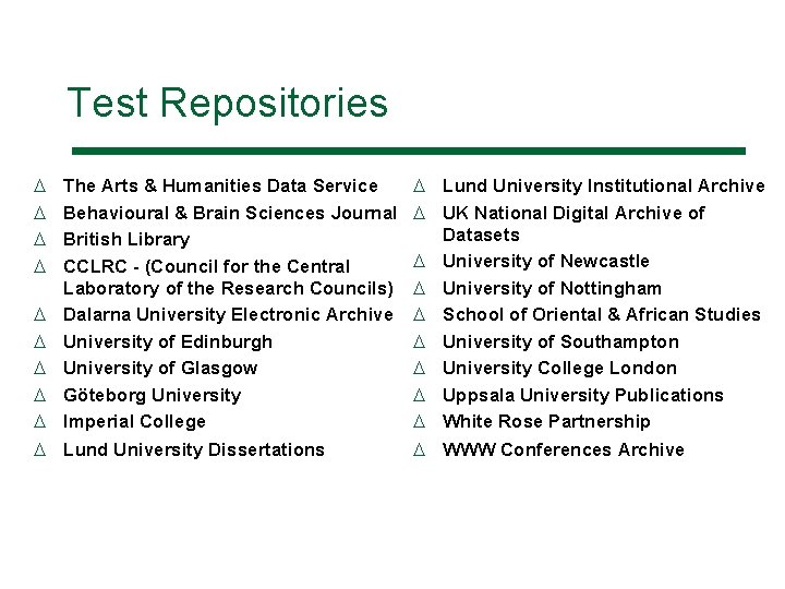 Test Repositories D D The Arts & Humanities Data Service Behavioural & Brain Sciences