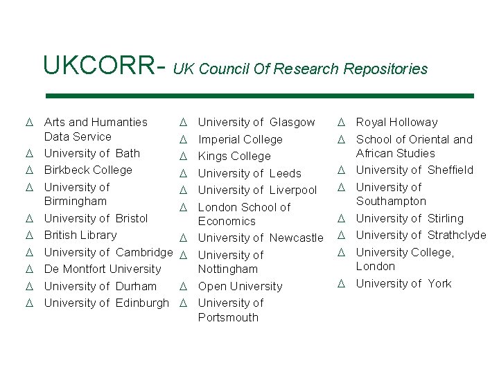 UKCORR- UK Council Of Research Repositories D Arts and Humanties Data Service D University