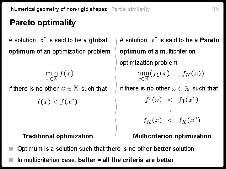 15 Numerical geometry of non-rigid shapes Partial similarity Pareto optimality A solution is said 15 Numerical geometry of non-rigid shapes Partial similarity Pareto optimality A solution is said
