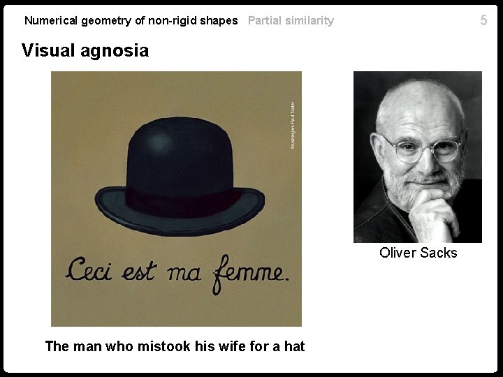 5 Numerical geometry of non-rigid shapes Partial similarity Visual agnosia Oliver Sacks The man 5 Numerical geometry of non-rigid shapes Partial similarity Visual agnosia Oliver Sacks The man
