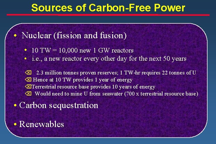 Sources of Carbon-Free Power • Nuclear (fission and fusion) • 10 TW = 10,