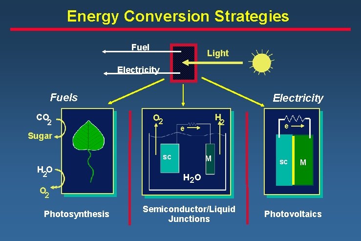Energy Conversion Strategies Fuel Light Electricity Fuels CO 2 Electricity O 2 Sugar H