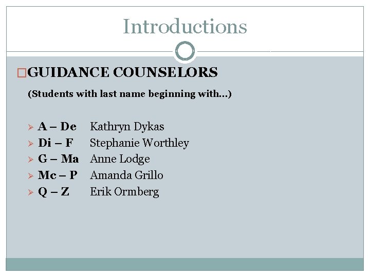 Introductions �GUIDANCE COUNSELORS (Students with last name beginning with…) Ø Ø Ø A –