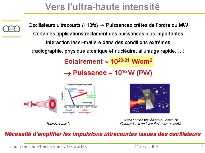 Vers l’ultra-haute intensité Oscillateurs ultracourts ( 10 fs) Puissances crêtes de l’ordre du MW