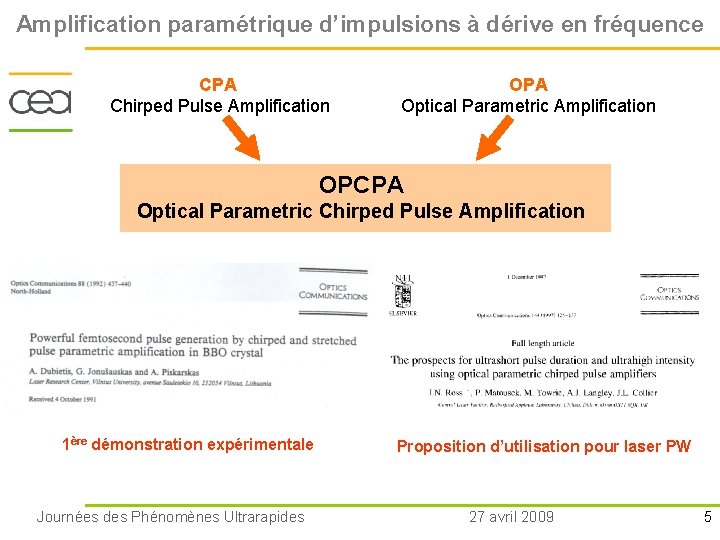 Amplification paramétrique d’impulsions à dérive en fréquence CPA Chirped Pulse Amplification OPA Optical Parametric