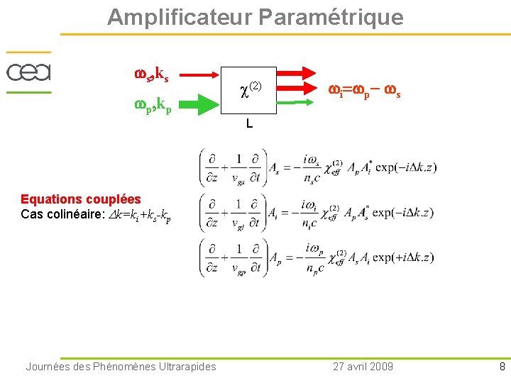 Amplificateur Paramétrique s, ks p, kp (2) i= p- s L Equations couplées Cas