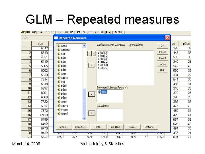 GLM – Repeated measures March 14, 2005 Methodology & Statistics GLM – Repeated measures March 14, 2005 Methodology & Statistics