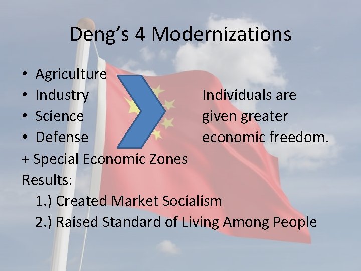 Deng’s 4 Modernizations • Agriculture • Industry Individuals are • Science given greater •