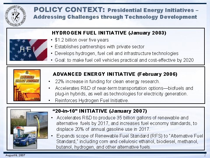 POLICY CONTEXT: Presidential Energy Initiatives – Addressing Challenges through Technology Development HYDROGEN FUEL INITIATIVE