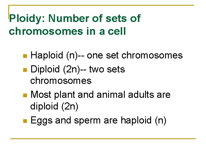 Ploidy: Number of sets of chromosomes in a cell Haploid (n)-- one set chromosomes Ploidy: Number of sets of chromosomes in a cell Haploid (n)-- one set chromosomes