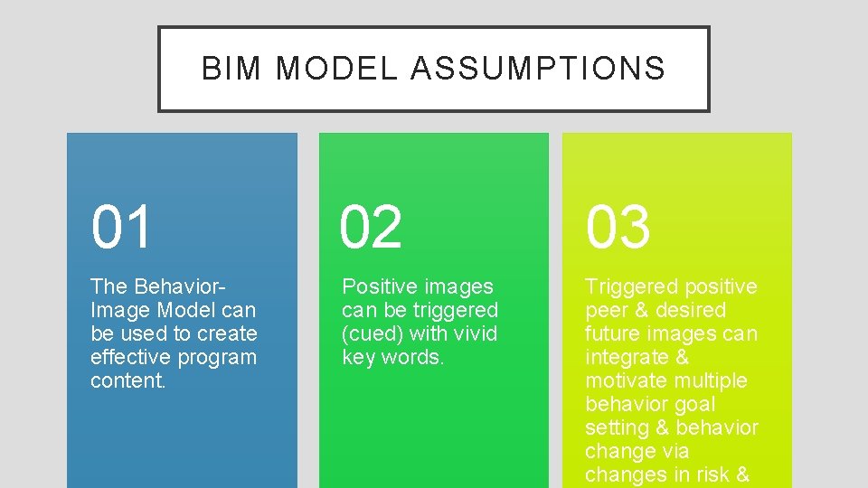 BIM MODEL ASSUMPTIONS 01 02 03 The Behavior. Image Model can be used to