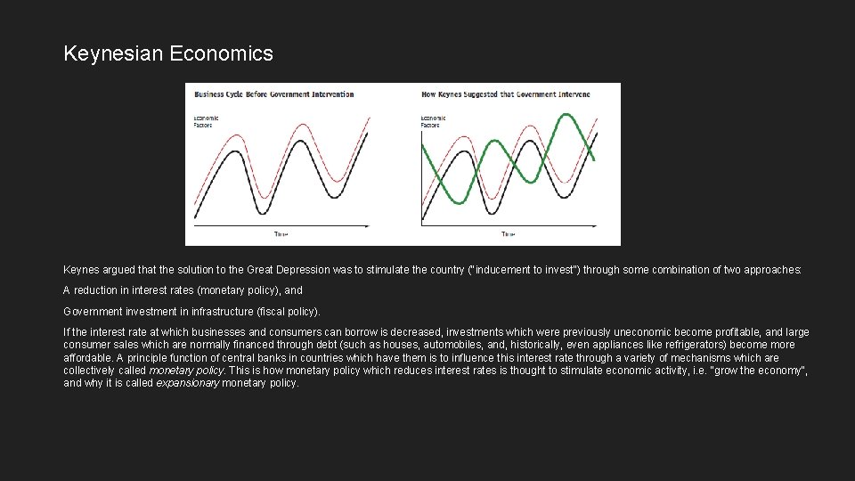 Keynesian Economics Keynes argued that the solution to the Great Depression was to stimulate