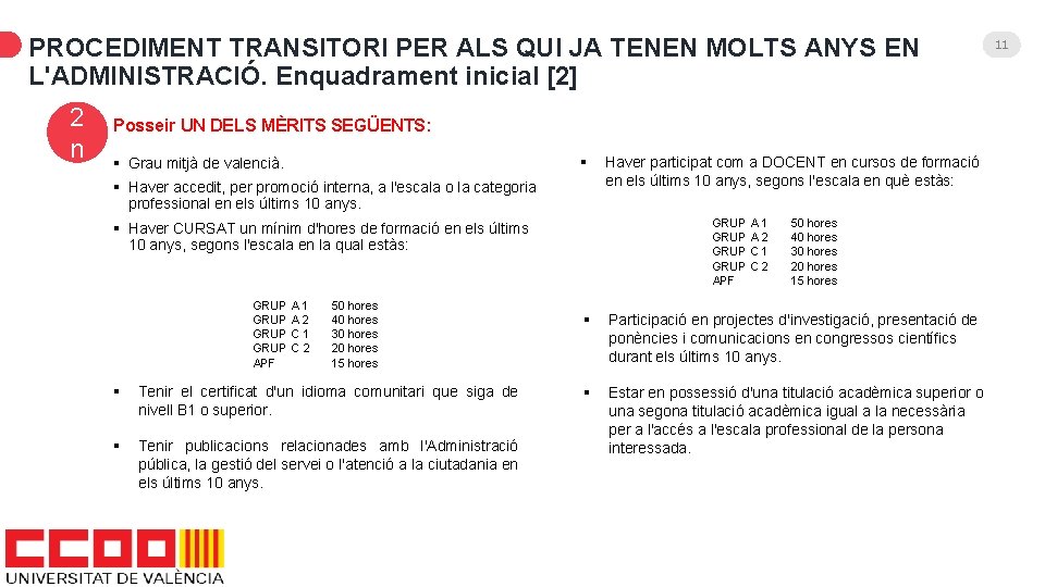 PROCEDIMENT TRANSITORI PER ALS QUI JA TENEN MOLTS ANYS EN L'ADMINISTRACIÓ. Enquadrament inicial [2]
