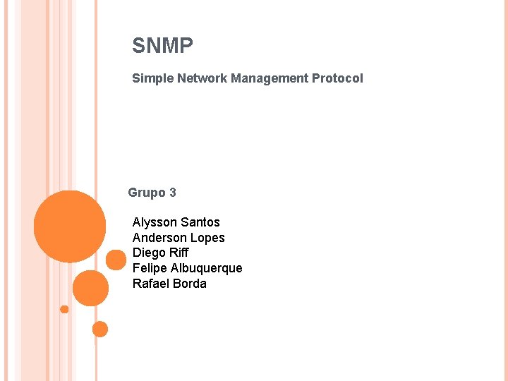 SNMP Simple Network Management Protocol Grupo 3 Alysson Santos Anderson Lopes Diego Riff Felipe