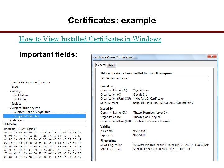 Certificates: example How to View Installed Certificates in Windows Important fields: 