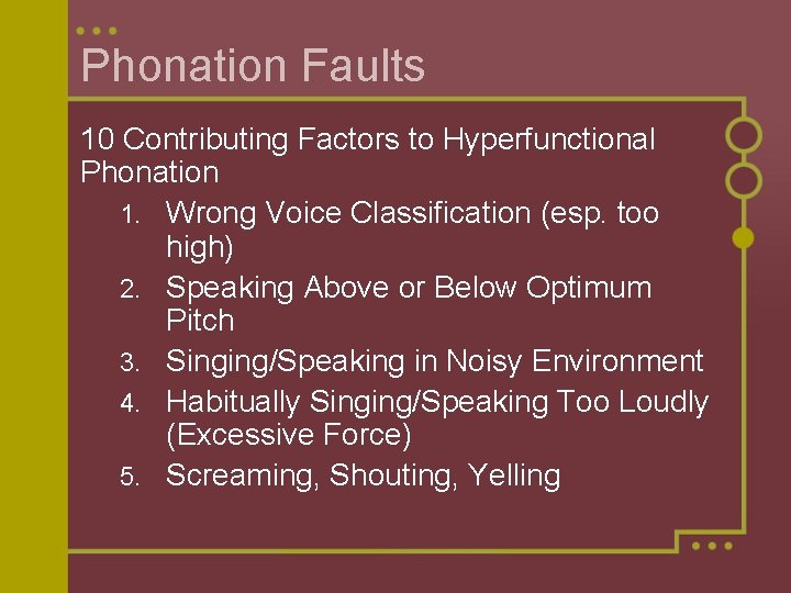 Phonation Faults 10 Contributing Factors to Hyperfunctional Phonation 1. Wrong Voice Classification (esp. too