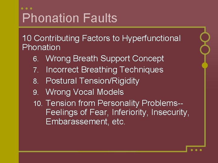 Phonation Faults 10 Contributing Factors to Hyperfunctional Phonation 6. Wrong Breath Support Concept 7.