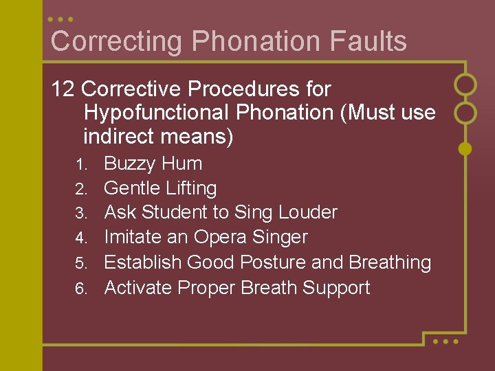 Correcting Phonation Faults 12 Corrective Procedures for Hypofunctional Phonation (Must use indirect means) 1.