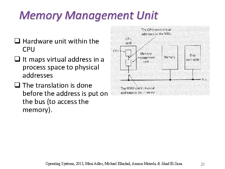 Memory Management Unit q Hardware unit within the CPU q It maps virtual address