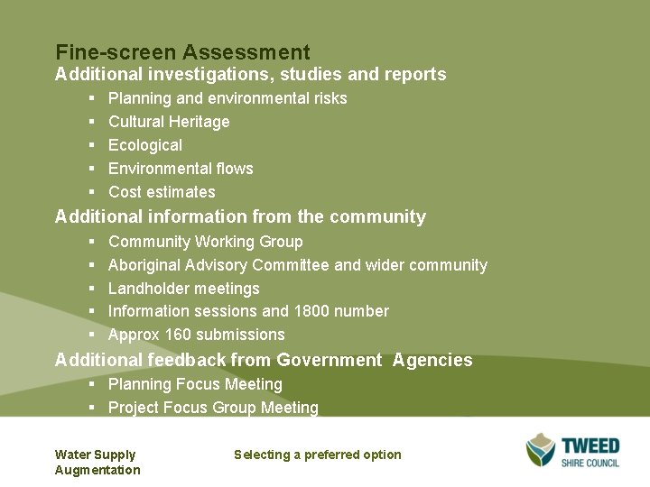 Fine-screen Assessment Additional investigations, studies and reports § § § Planning and environmental risks Fine-screen Assessment Additional investigations, studies and reports § § § Planning and environmental risks