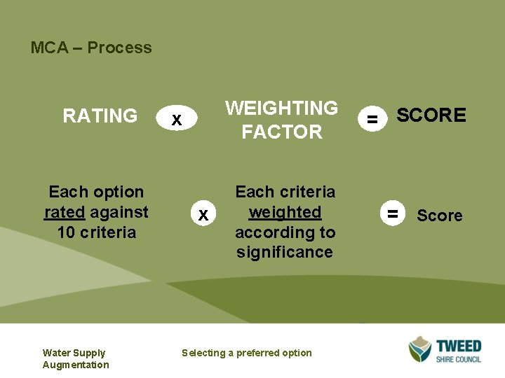 MCA – Process RATING Each option rated against 10 criteria Water Supply Augmentation x MCA – Process RATING Each option rated against 10 criteria Water Supply Augmentation x