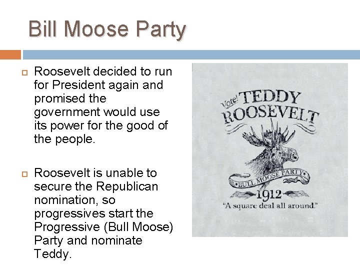 Bill Moose Party Roosevelt decided to run for President again and promised the government