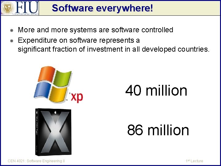 Software everywhere! More and more systems are software controlled Expenditure on software represents a