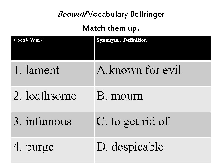 Beowulf Vocabulary Bellringer Match them up. Vocab Word Synonym / Definition 1. lament A.