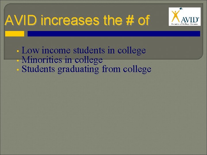 AVID increases the # of • Low income students in college • Minorities in