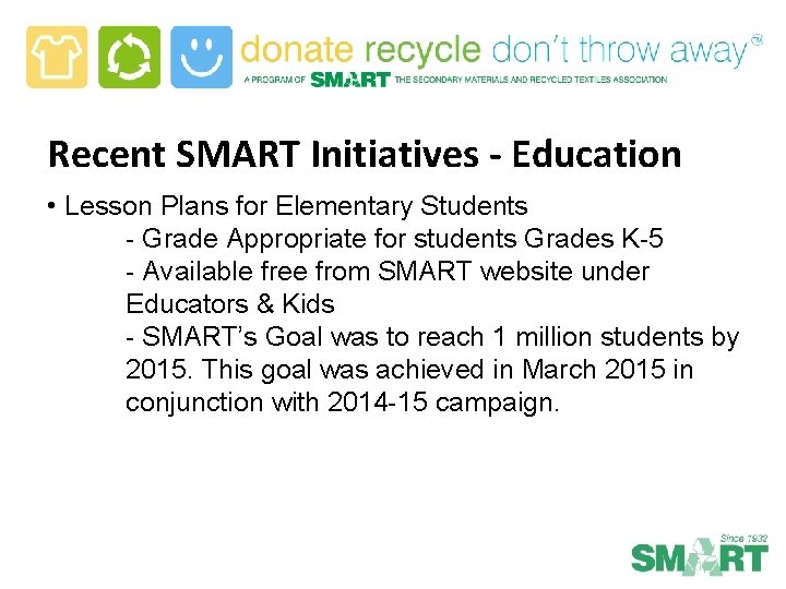 Recent SMART Initiatives - Education • Lesson Plans for Elementary Students - Grade Appropriate