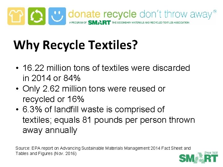 Why Recycle Textiles? • 16. 22 million tons of textiles were discarded in 2014