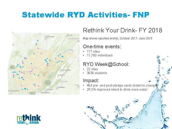 Statewide RYD Activities- FNP Rethink Your Drink- FY 2018 Map shows reported events, October