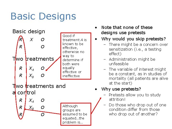 Basic Designs Basic design R X R O O Two treatments R XA O