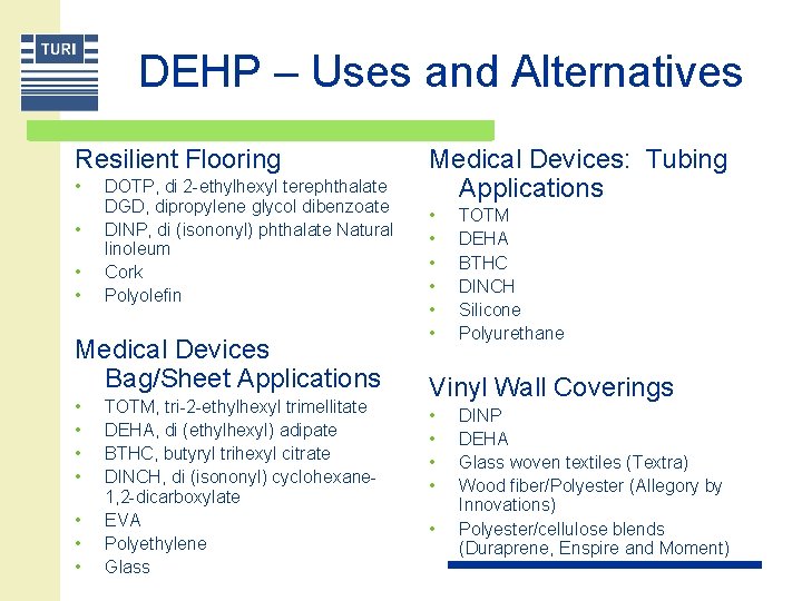 DEHP – Uses and Alternatives Resilient Flooring • • DOTP, di 2 -ethylhexyl terephthalate
